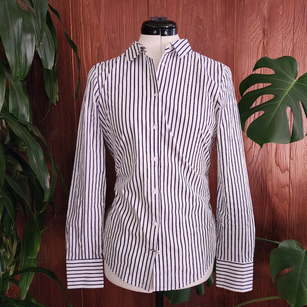 Zara Navy & White Striped Tailored Button Down Work Suit Shirt Size Medium
